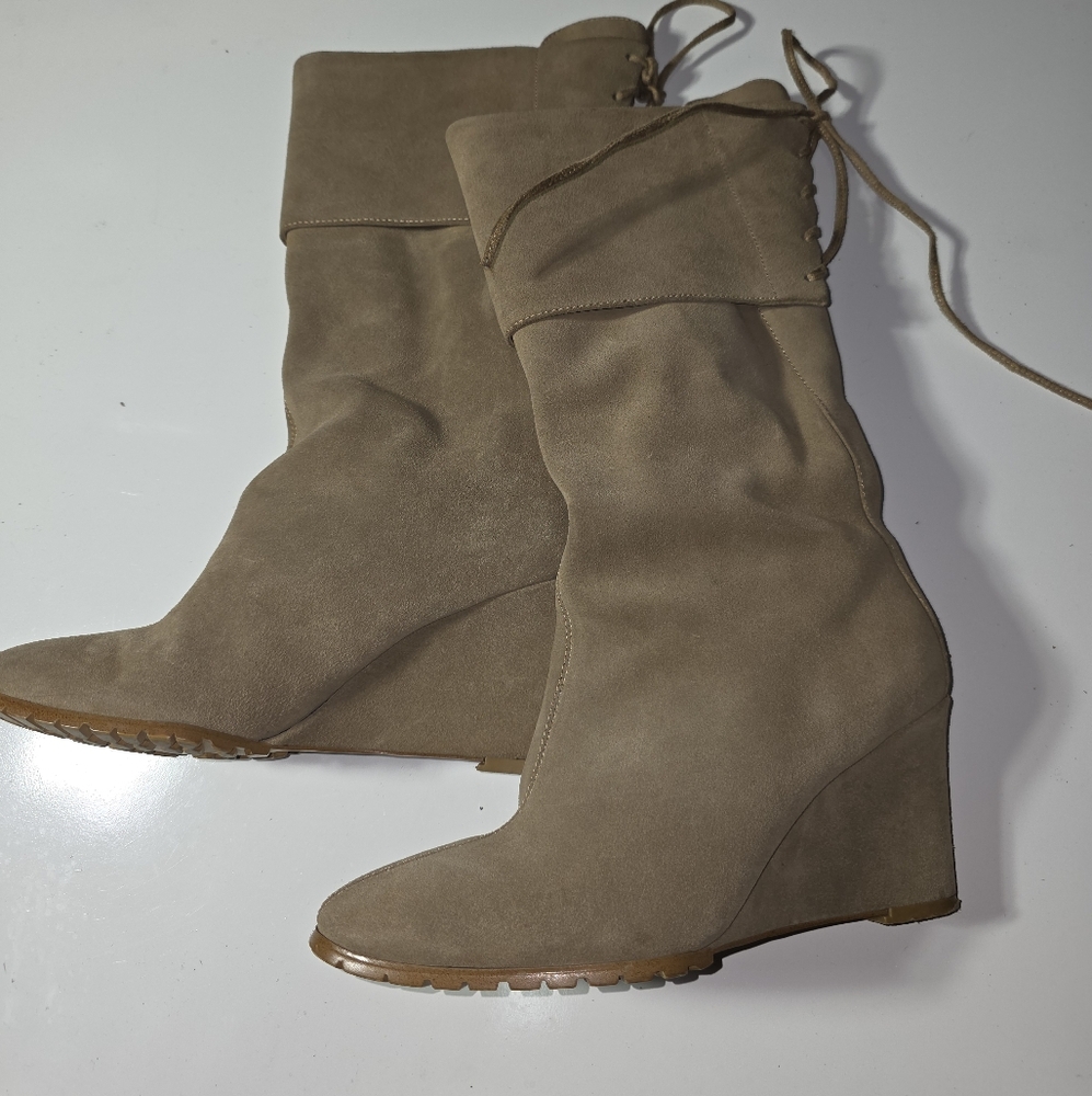 Colin Stuart Women's Wedge Boots Sz 7 Calf Khaki Tan Fleece Lined